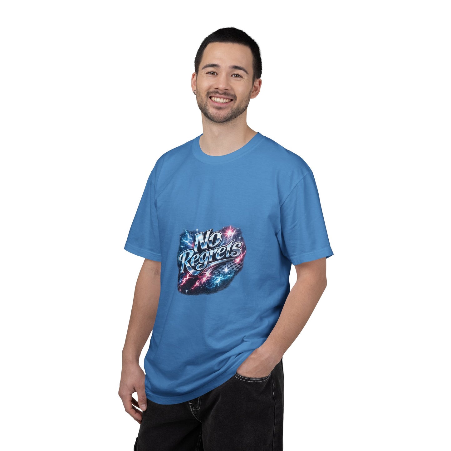 No Regrets Galaxy T-Shirt — Retro Cosmic Typography Tee