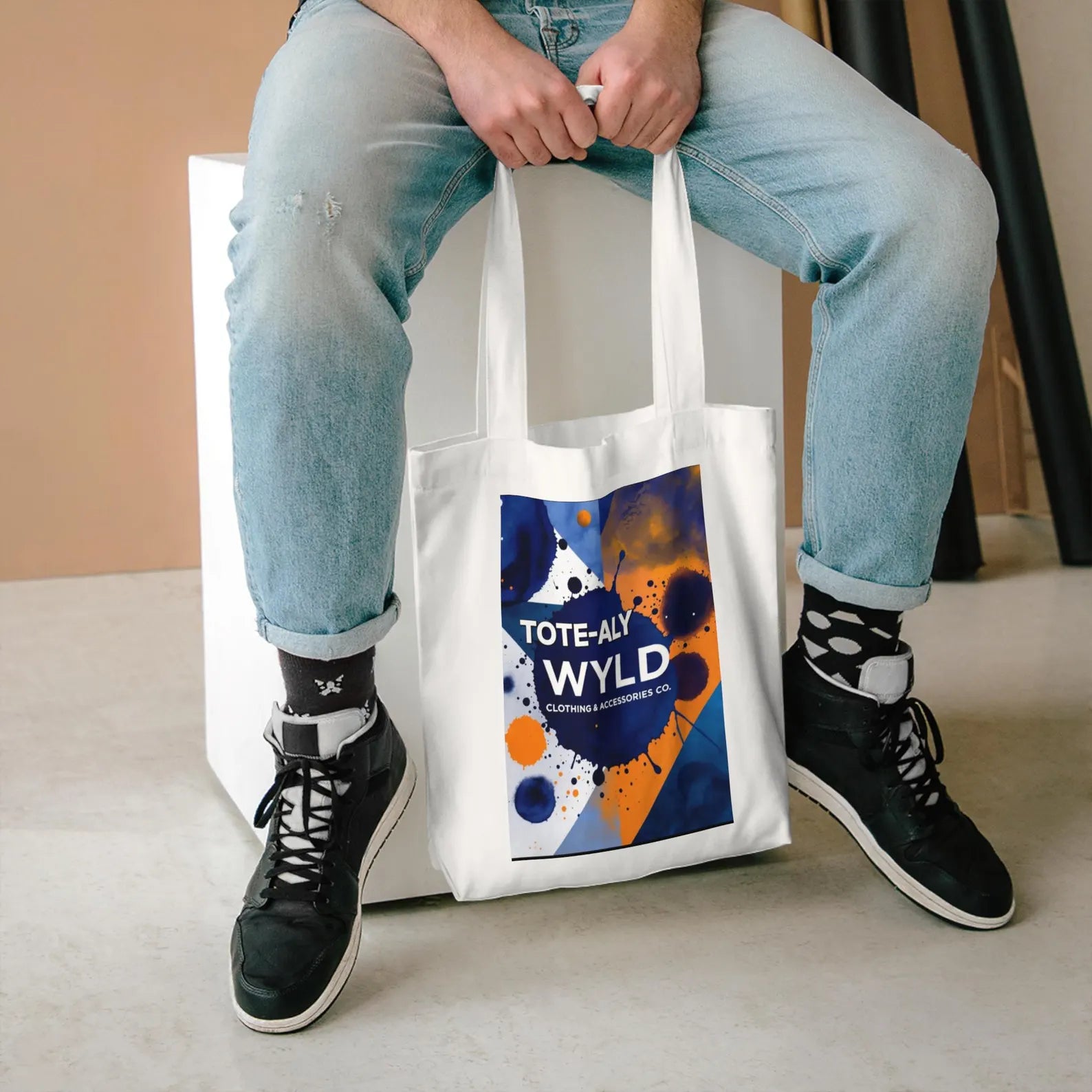 Tote-aly Wyld abstract paint splatter tote bag | navy orange geometric print